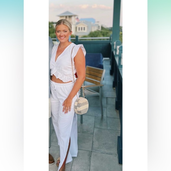 FANCYINN 2 Piece Deep V Neck Crop Top Side Slit Drawstring Wide Leg Pants Set - Picture 5 of 12